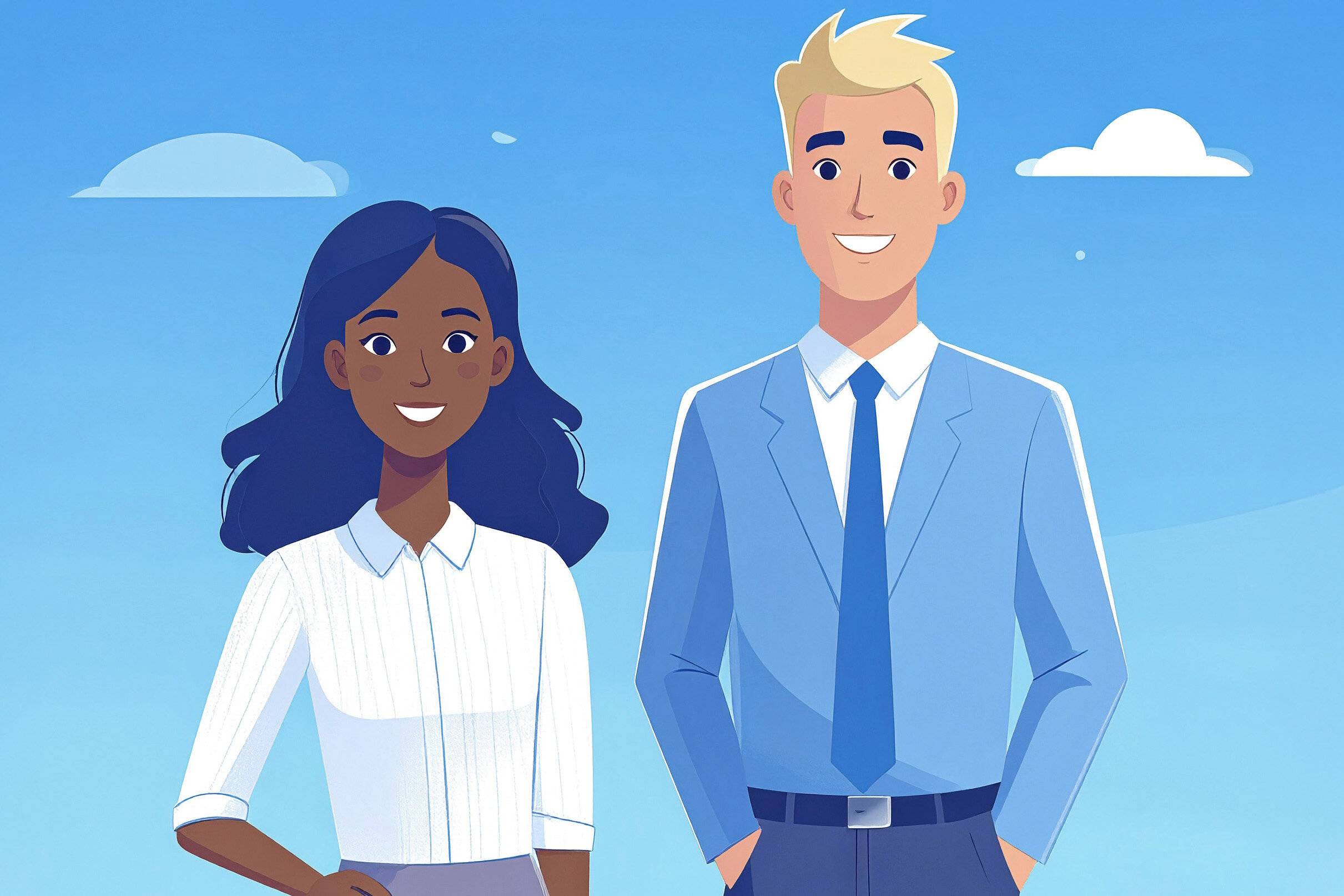 Zwei Personen stehen nebeneinander, eine Person mit dunklen, lockigen Haaren in einem weißen Hemd und eine Person mit blonden Haaren in einem grauen Anzug und blauer Krawatte. Der Hintergrund zeigt einen blauen Himmel mit Wolken.