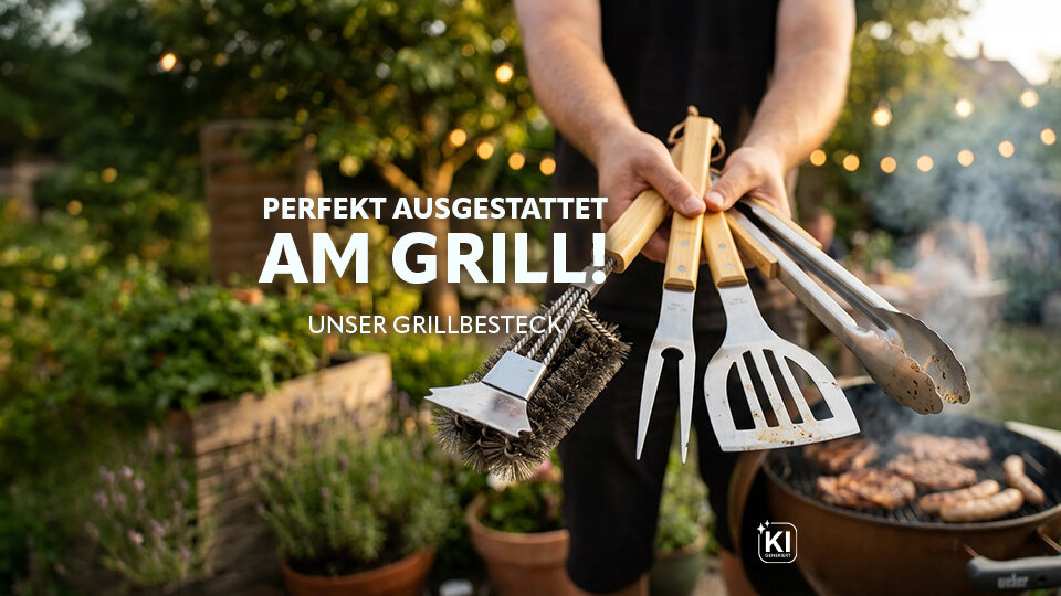 Person hält Grillbesteck mit Grillbürste, Zange, Wender und Gabel vor einem Grill mit Fleisch, im Hintergrund Lichterketten und Garten.