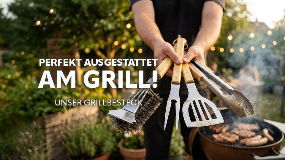 Person hält vier Grillwerkzeuge mit Holzgriffen vor einem Grill mit Grillgut