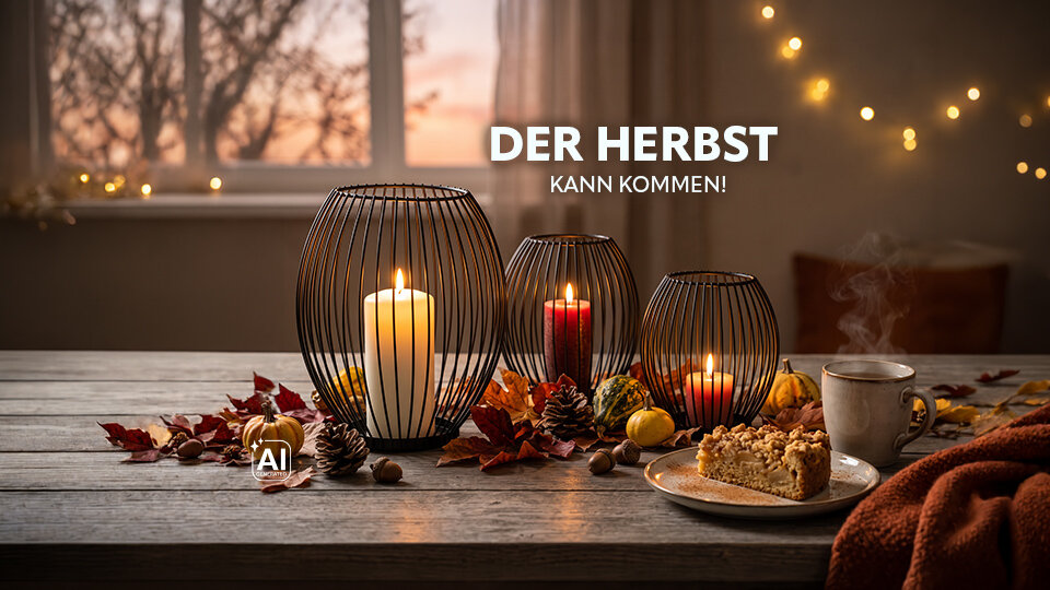 Drei Kerzenständer aus Draht mit brennenden Kerzen stehen auf einem Holztisch, umgeben von Herbstlaub, Kastanien und einem Stück Kuchen, im Hintergrund ein Fenster mit Lichterkette.