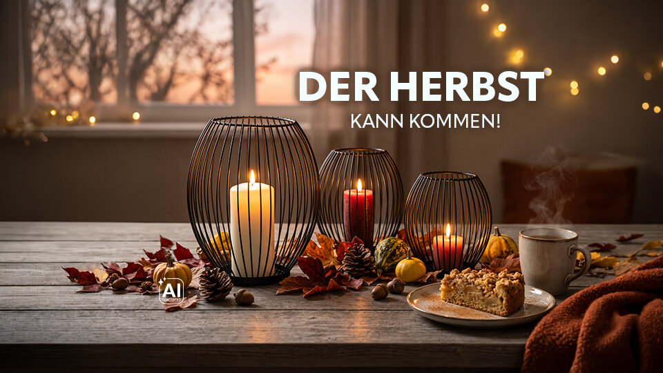 Drei Kerzenständer aus Draht mit brennenden Kerzen stehen auf einem Holztisch, umgeben von Herbstlaub, Kastanien und einem Stück Kuchen, im Hintergrund ein Fenster mit Lichterkette.