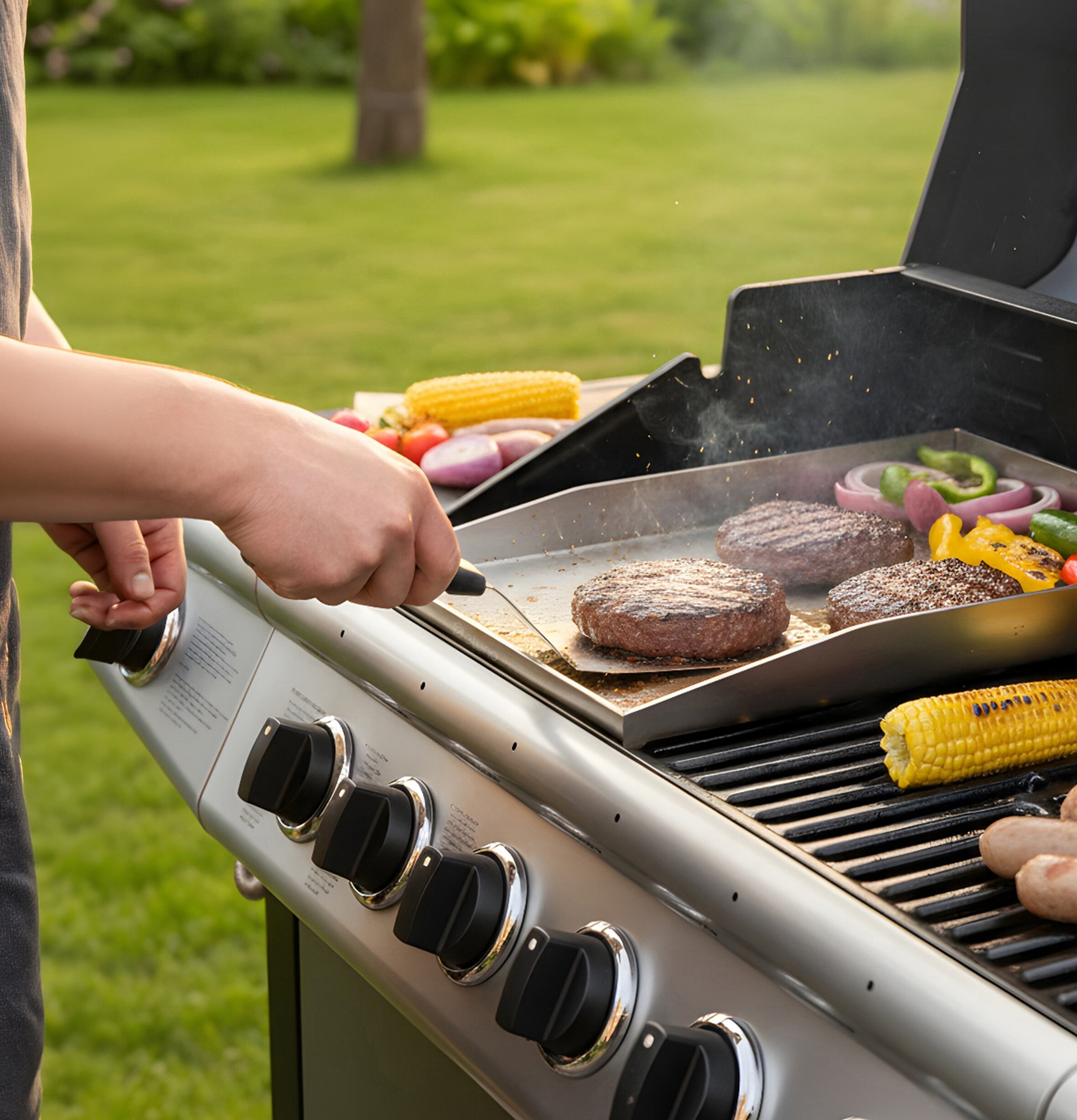 Grill mit Grillplatte, auf der Burger-Patties, Maiskolben, Paprika und Zwiebeln liegen, Person wendet Burger mit Grillwender, KI-generiert
