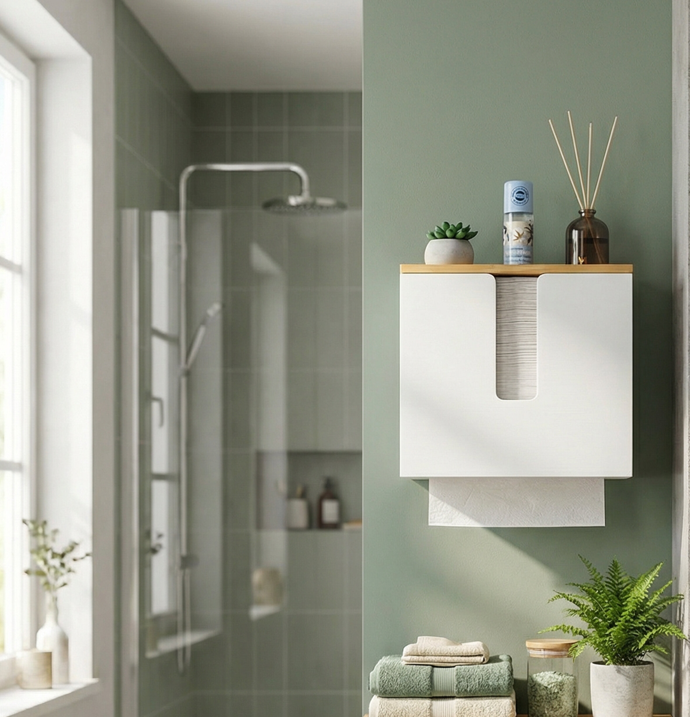Moderner weißer Papierspender an grüner Wand mit Pflanzen und Badutensilien in einem Badezimmer