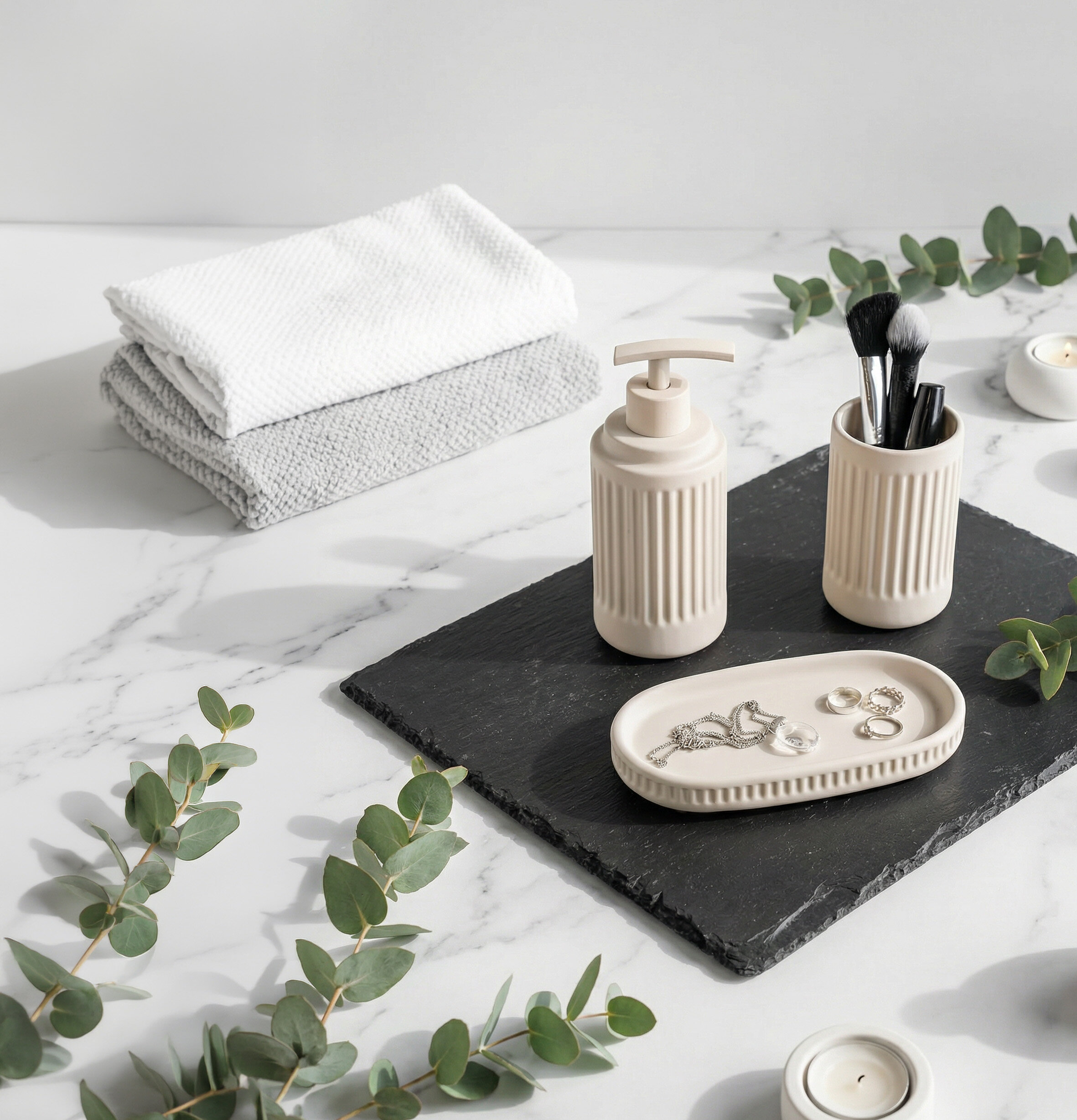 Drei cremefarbene Badezimmer-Accessoires mit Rillenmuster auf schwarzer Schieferplatte neben gefalteten Handtüchern und Eukalyptuszweigen