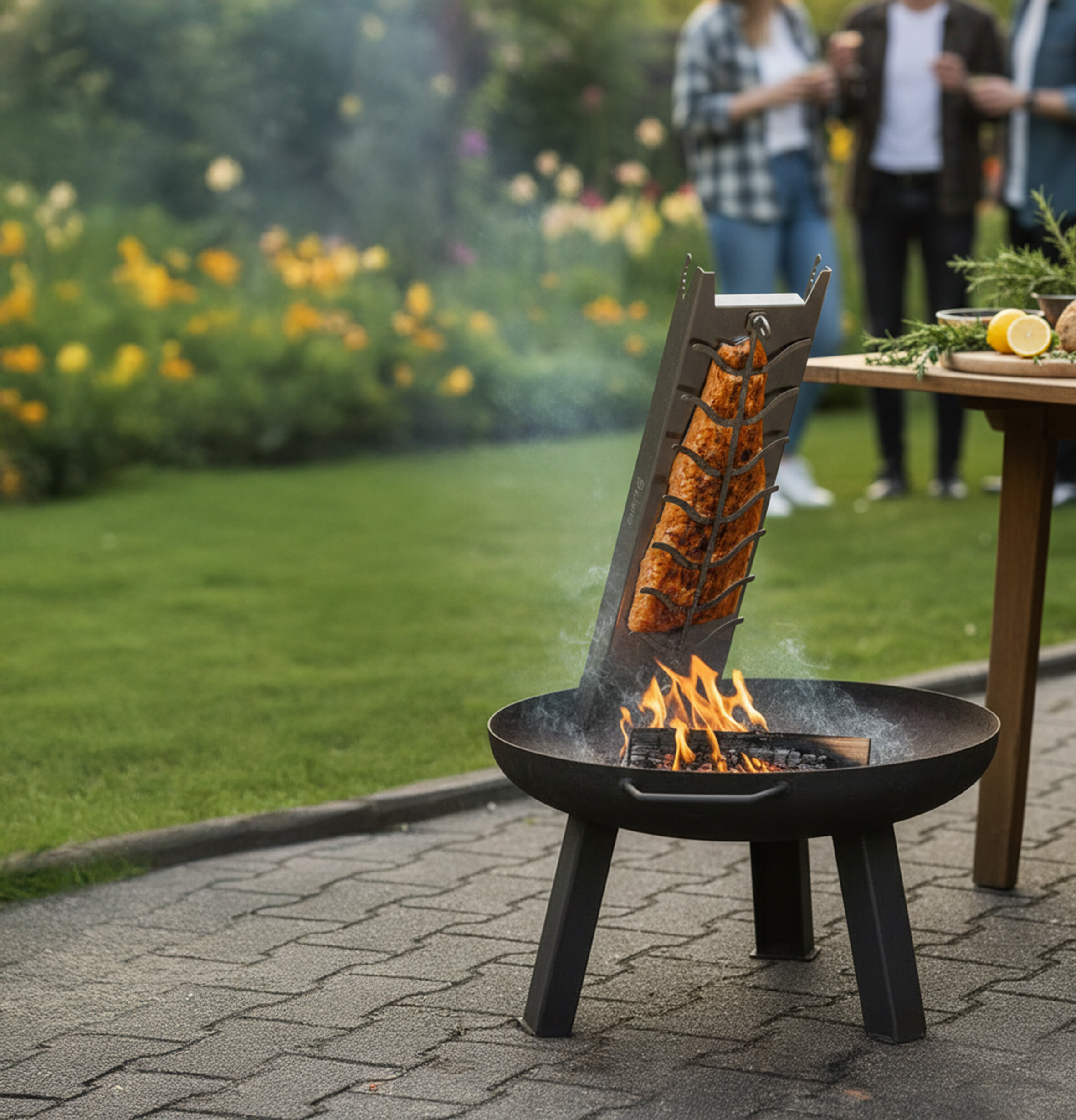 Feuerstelle mit senkrecht eingespanntem Flammlachshalter und brennendem Holz im Garten neben einem Holztisch mit Kräutern und Zitronen