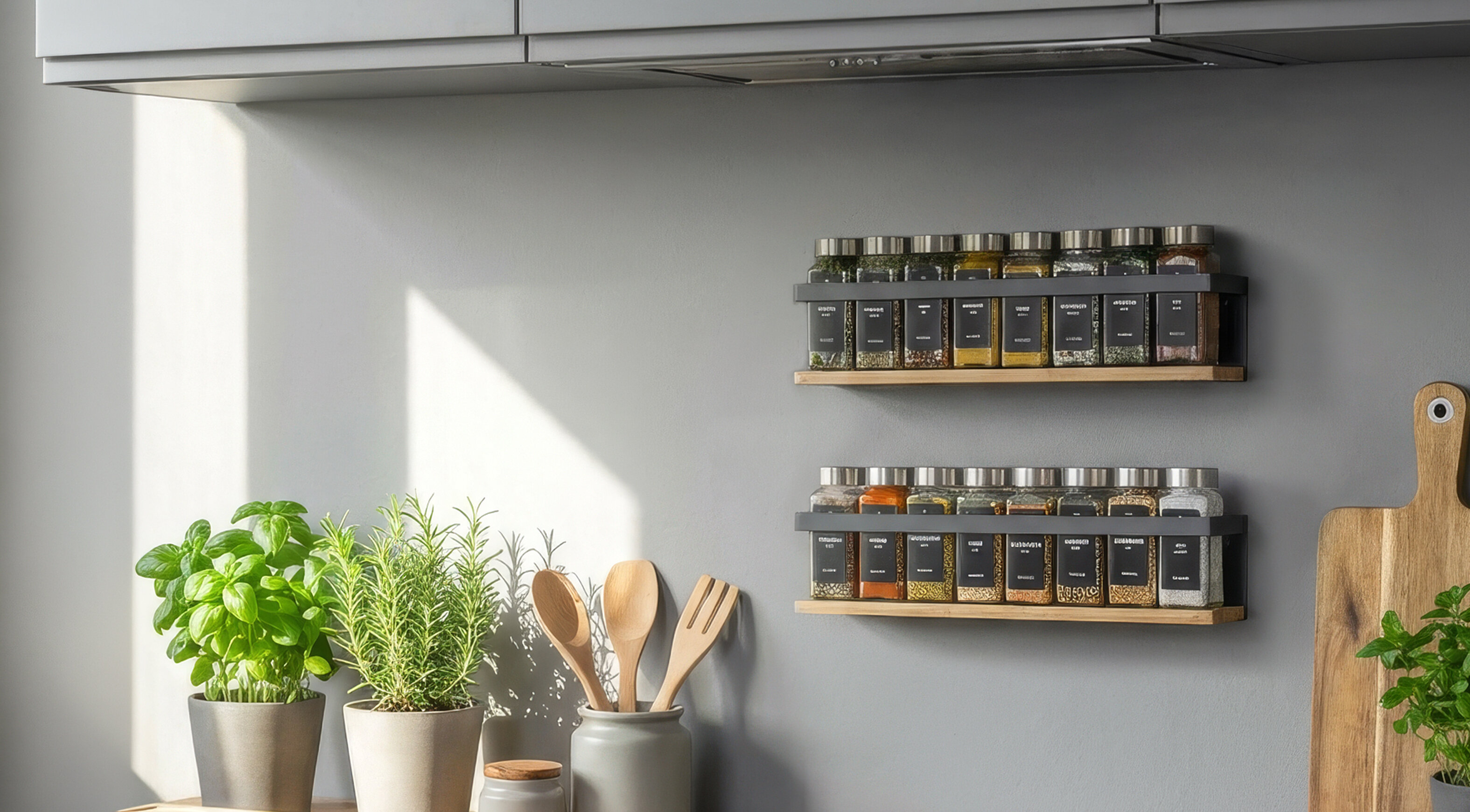 Zwei Gewürzregale mit beschrifteten Gläsern an einer Küchenwand über Kräutertöpfen und Küchenutensilien. KI-generiert