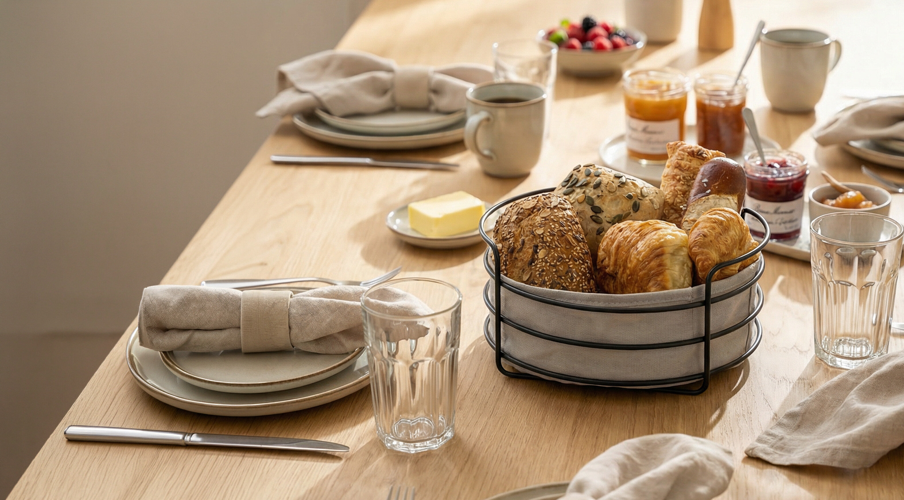 Runder Metallkorb mit verschiedenen Brötchen auf einem gedeckten Holztisch mit Tellern, Gläsern, Tassen und Marmeladengläsern