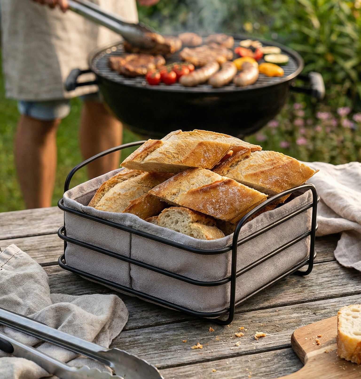 Brotstücke in einem Stoffkorb auf einem Holztisch vor einem Grill mit Würstchen und Gemüse
