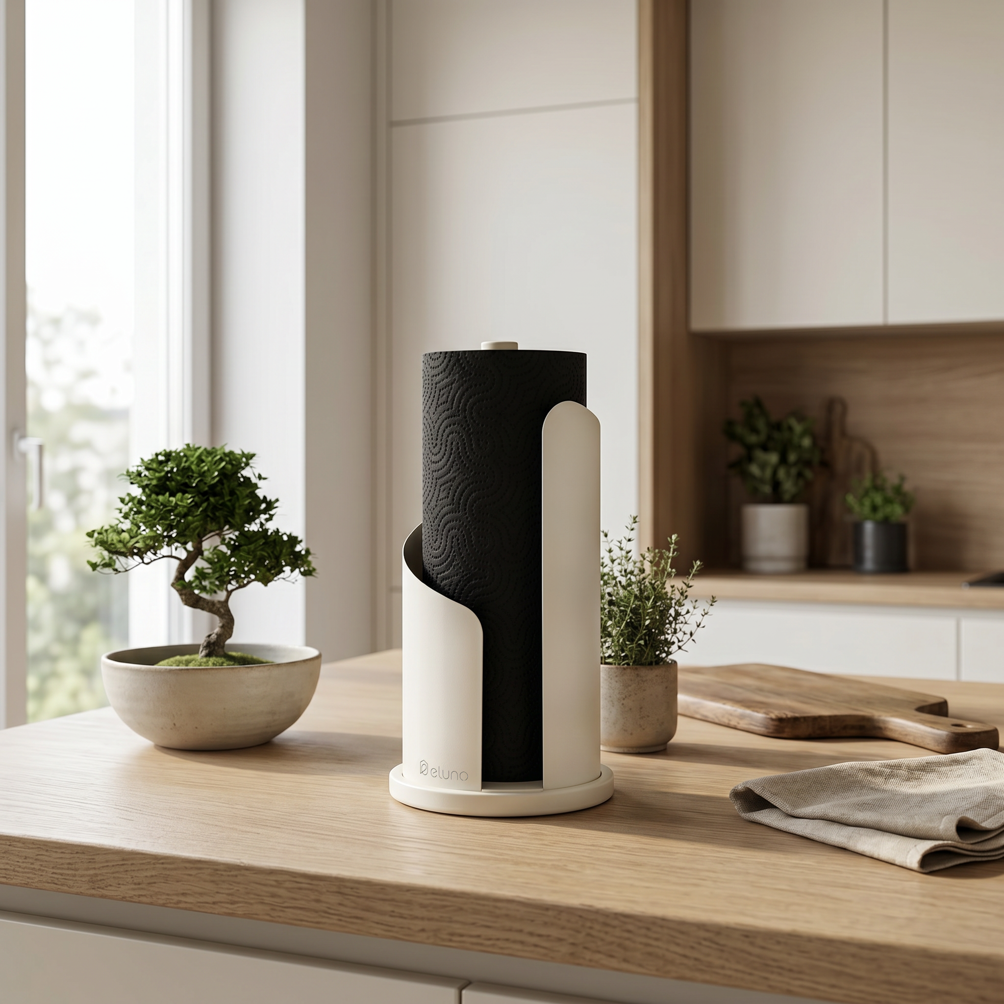 Küchenrollenhalter mit schwarzer Küchenrolle auf Holzarbeitsplatte neben Bonsai und Kräutertopf in moderner Küche