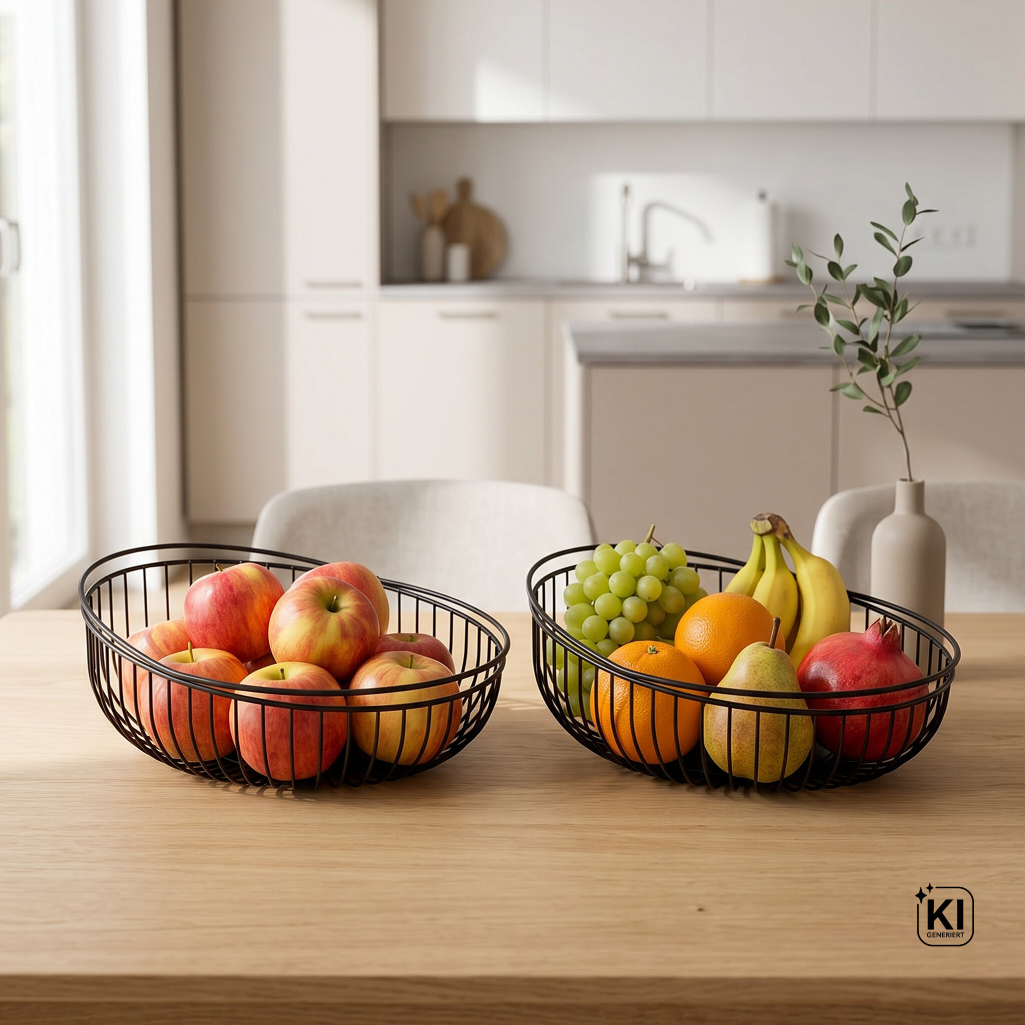 Zwei schwarze Drahtkörbe mit Äpfeln im linken und gemischtem Obst im rechten auf einem Holztisch vor einer weißen Küche