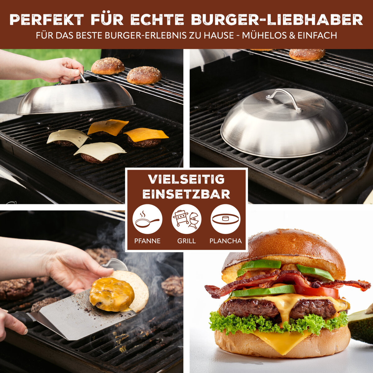 Burgerabdeckung Aus Edelstahl Mit Griff – Perfekt Zum Käseschmelzen & Grillen | 16x10 Cm