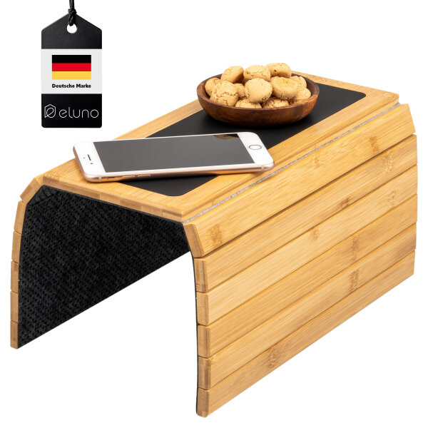 B-Ware eluno Armlehnen Sofatablett aus Bambus mit rutschfester Silikonablage, faltbare Ablage für Snacks, Handy uvm.